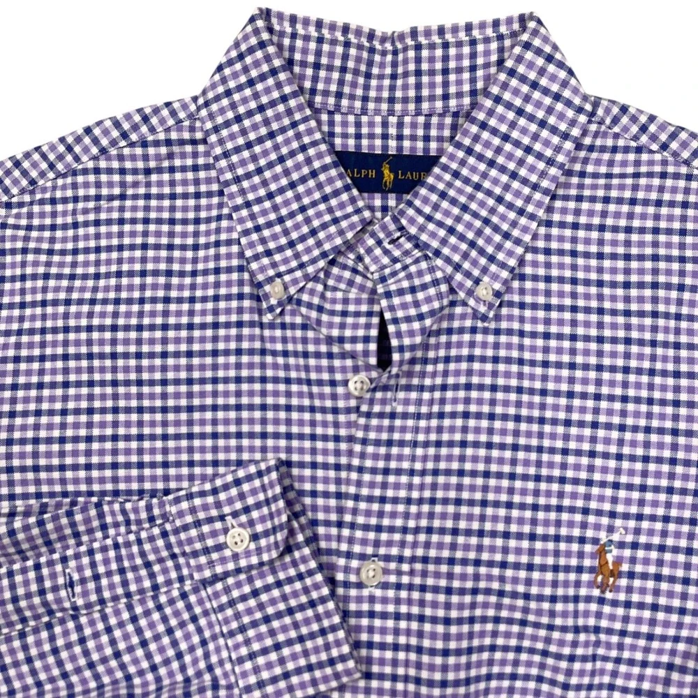 Ralph Lauren Mens Men Purple Gingham Check Cotton Long Sleeve Preppy Classic